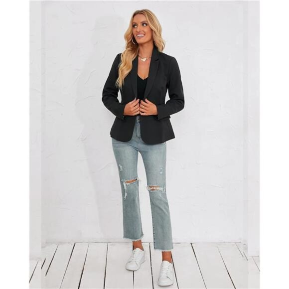 Women's Long Sleeve Notch Lapel Blazer: Formal Button-Down Jacket with Pockets - Picture 5 of 7